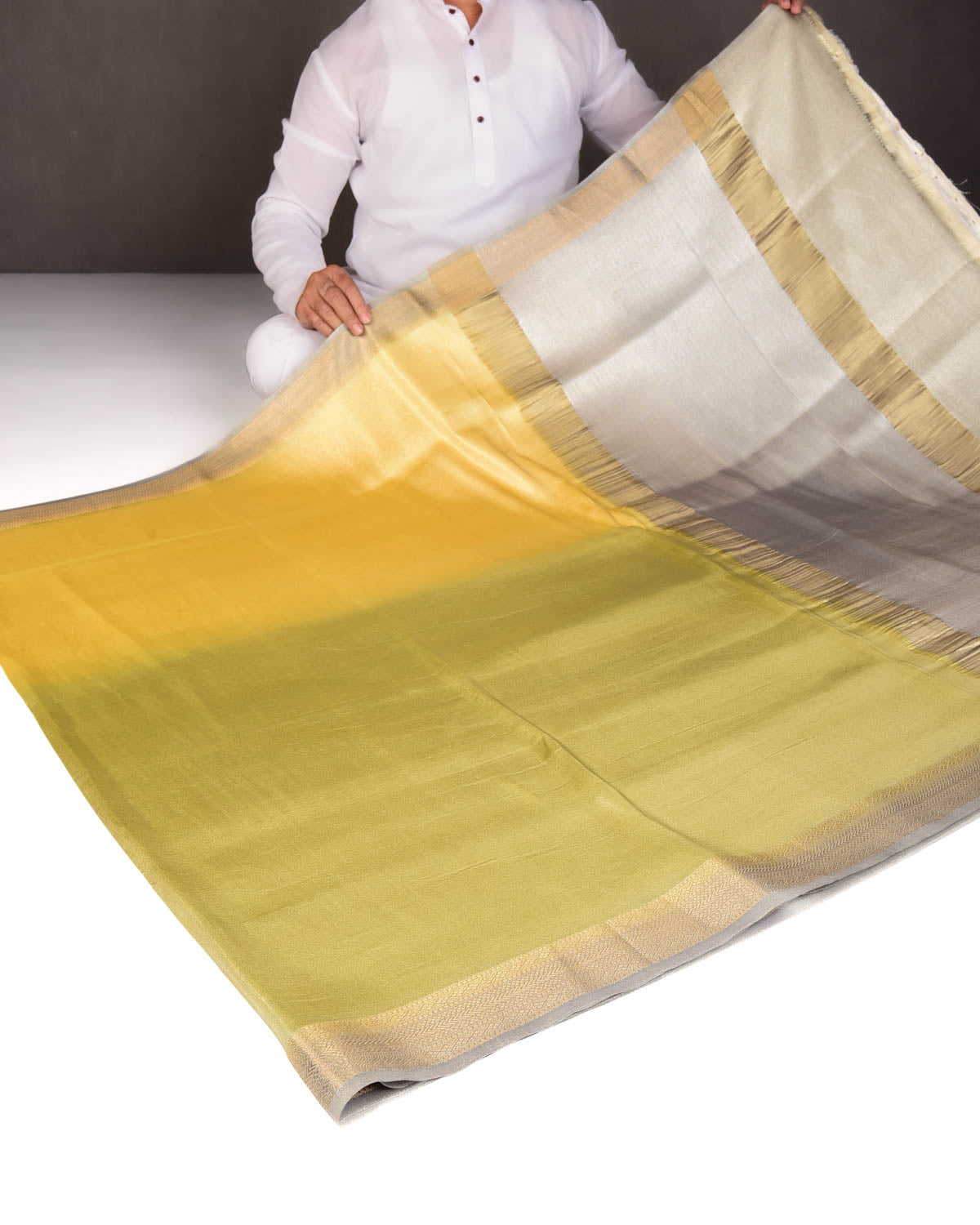 Ombre Metallic Yellow-Green Brocade Woven Katan Tissue Banarasi Saree with Contrast Border Pallu-HolyWeaves