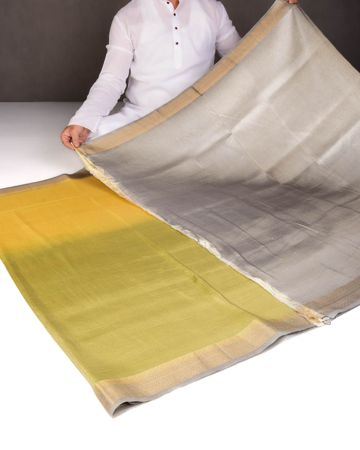 Ombre Metallic Yellow-Green Brocade Woven Katan Tissue Banarasi Saree with Contrast Border Pallu-HolyWeaves