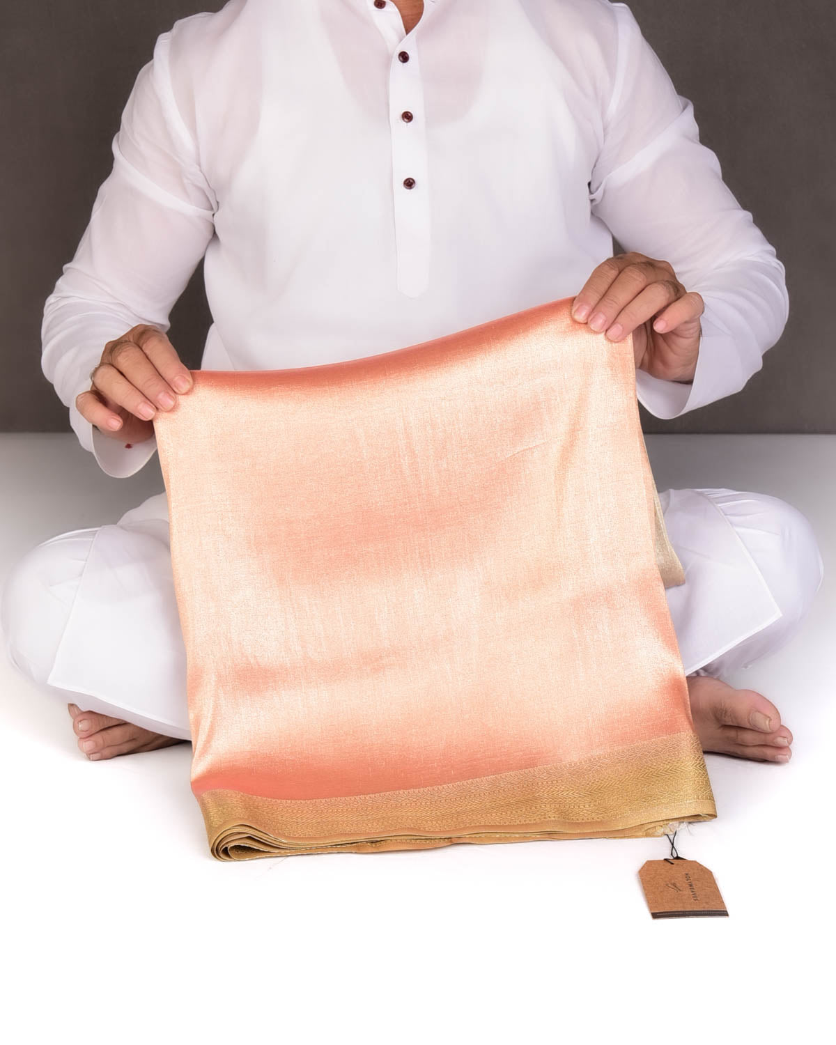 Ombre Metallic Peach-Beige Brocade Woven Katan Tissue Banarasi Saree with Contrast Border Pallu-HolyWeaves
