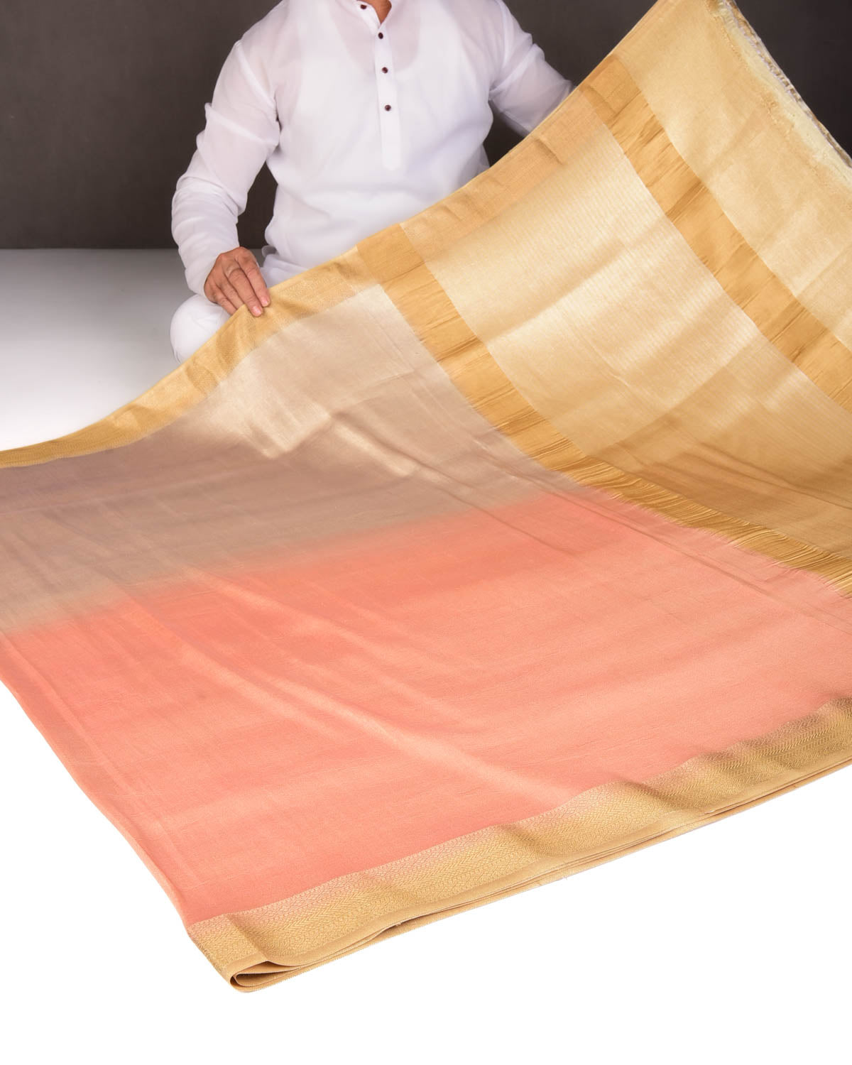 Ombre Metallic Peach-Beige Brocade Woven Katan Tissue Banarasi Saree with Contrast Border Pallu-HolyWeaves