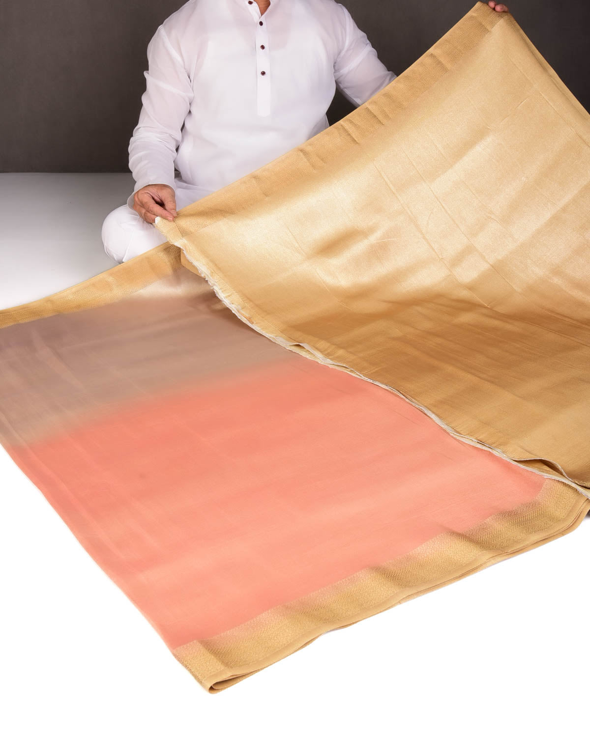 Ombre Metallic Peach-Beige Brocade Woven Katan Tissue Banarasi Saree with Contrast Border Pallu-HolyWeaves