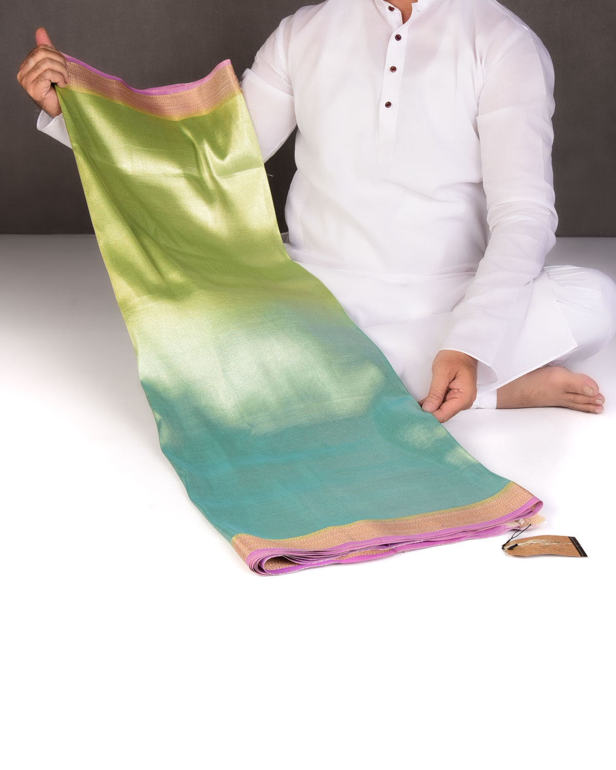 Ombre Metallic Blue-Green Brocade Woven Katan Tissue Banarasi Saree with Contrast Border Pallu-HolyWeaves