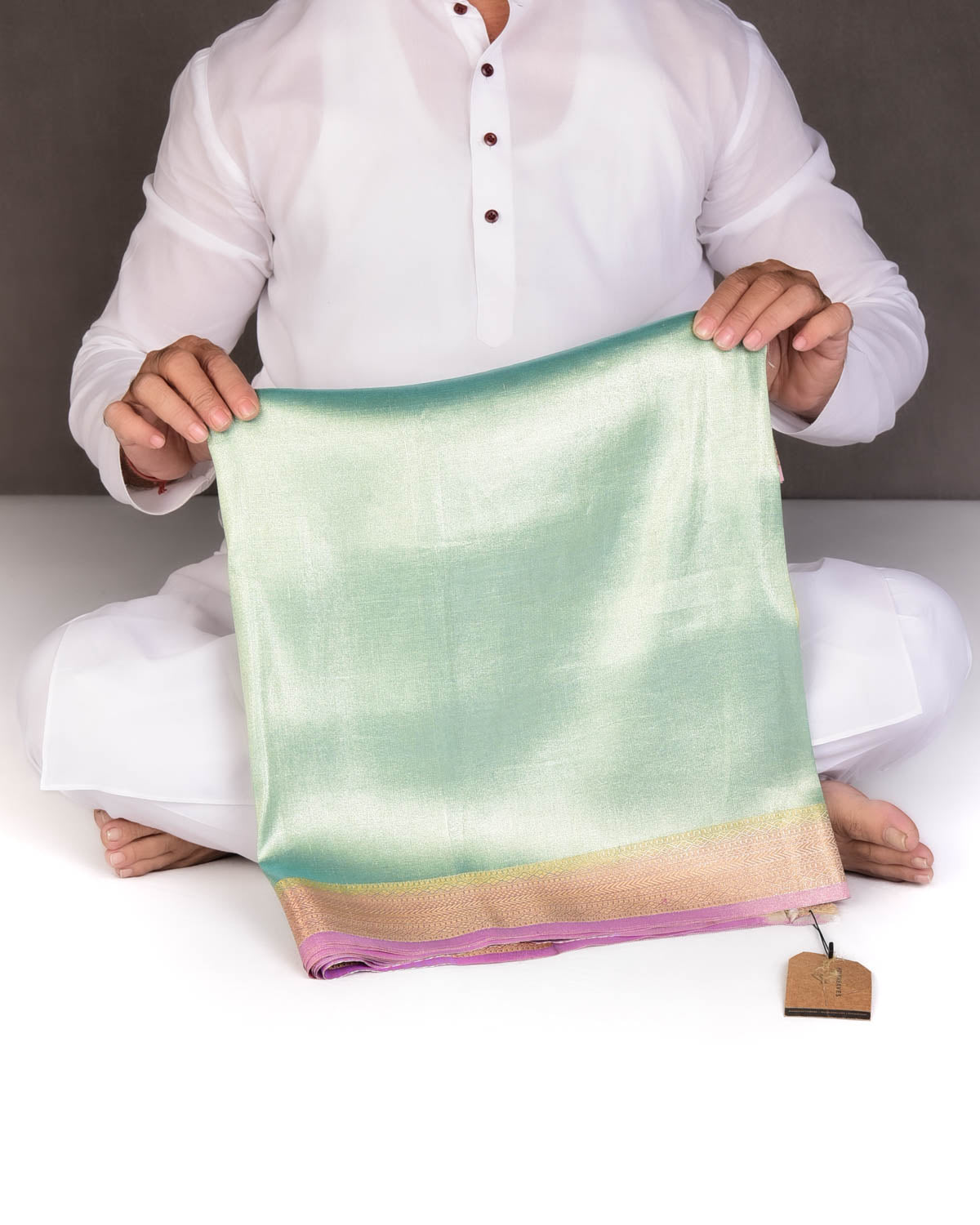 Ombre Metallic Blue-Green Brocade Woven Katan Tissue Banarasi Saree with Contrast Border Pallu-HolyWeaves