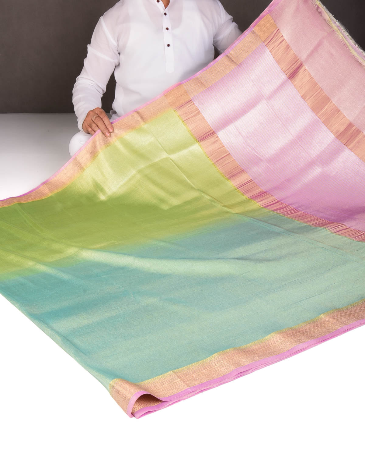 Ombre Metallic Blue-Green Brocade Woven Katan Tissue Banarasi Saree with Contrast Border Pallu-HolyWeaves