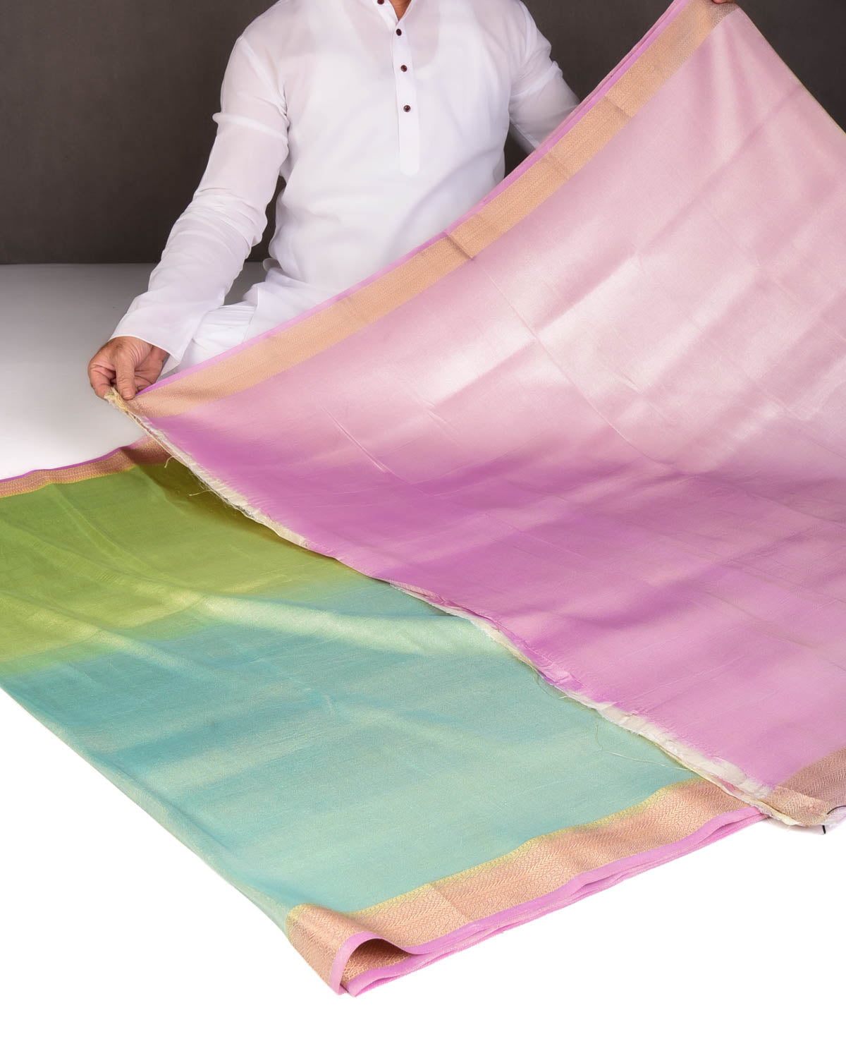 Ombre Metallic Blue-Green Brocade Woven Katan Tissue Banarasi Saree with Contrast Border Pallu-HolyWeaves