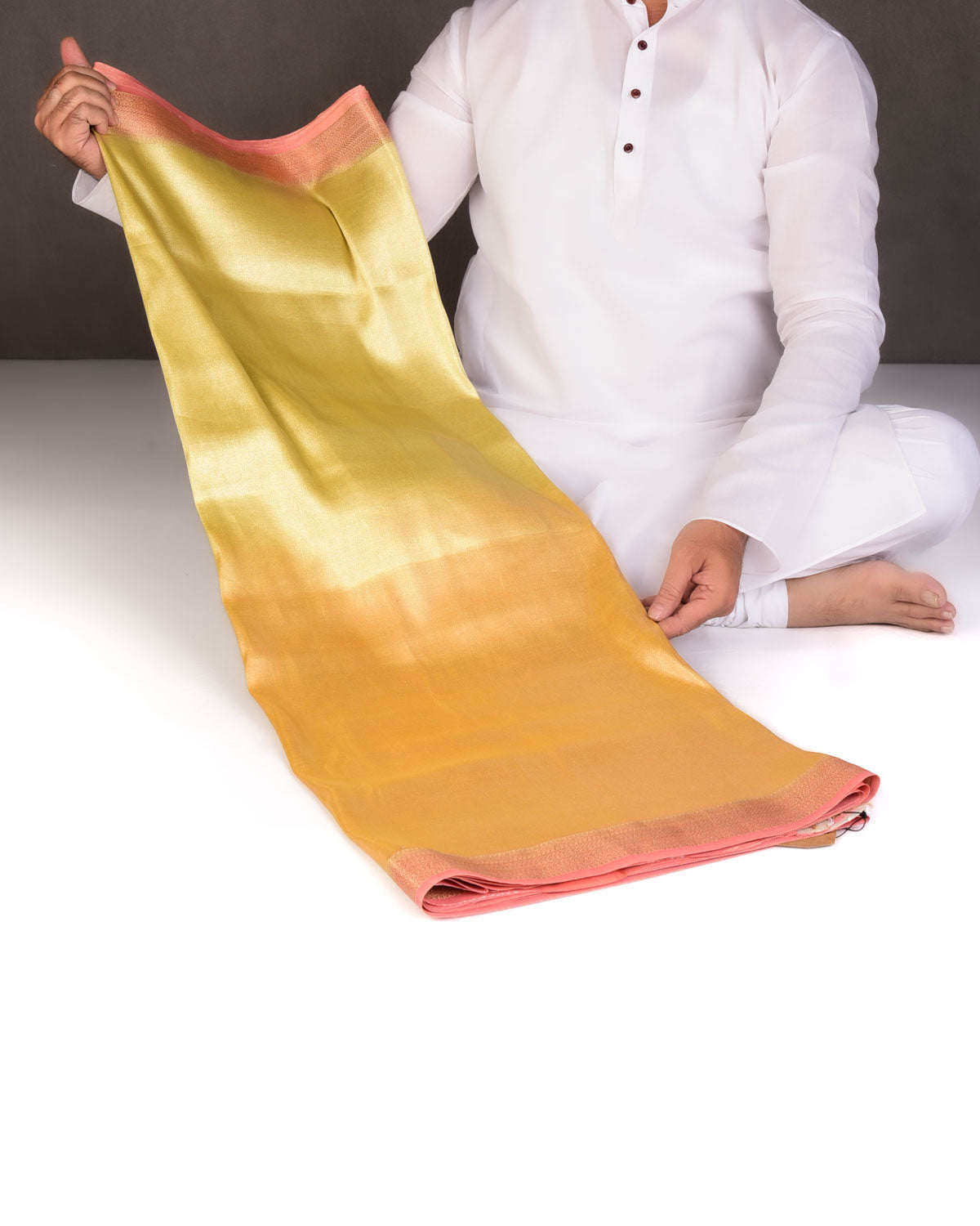 Ombre Metallic Yellow Brocade Woven Katan Tissue Banarasi Saree with Contrast Border Pallu-HolyWeaves