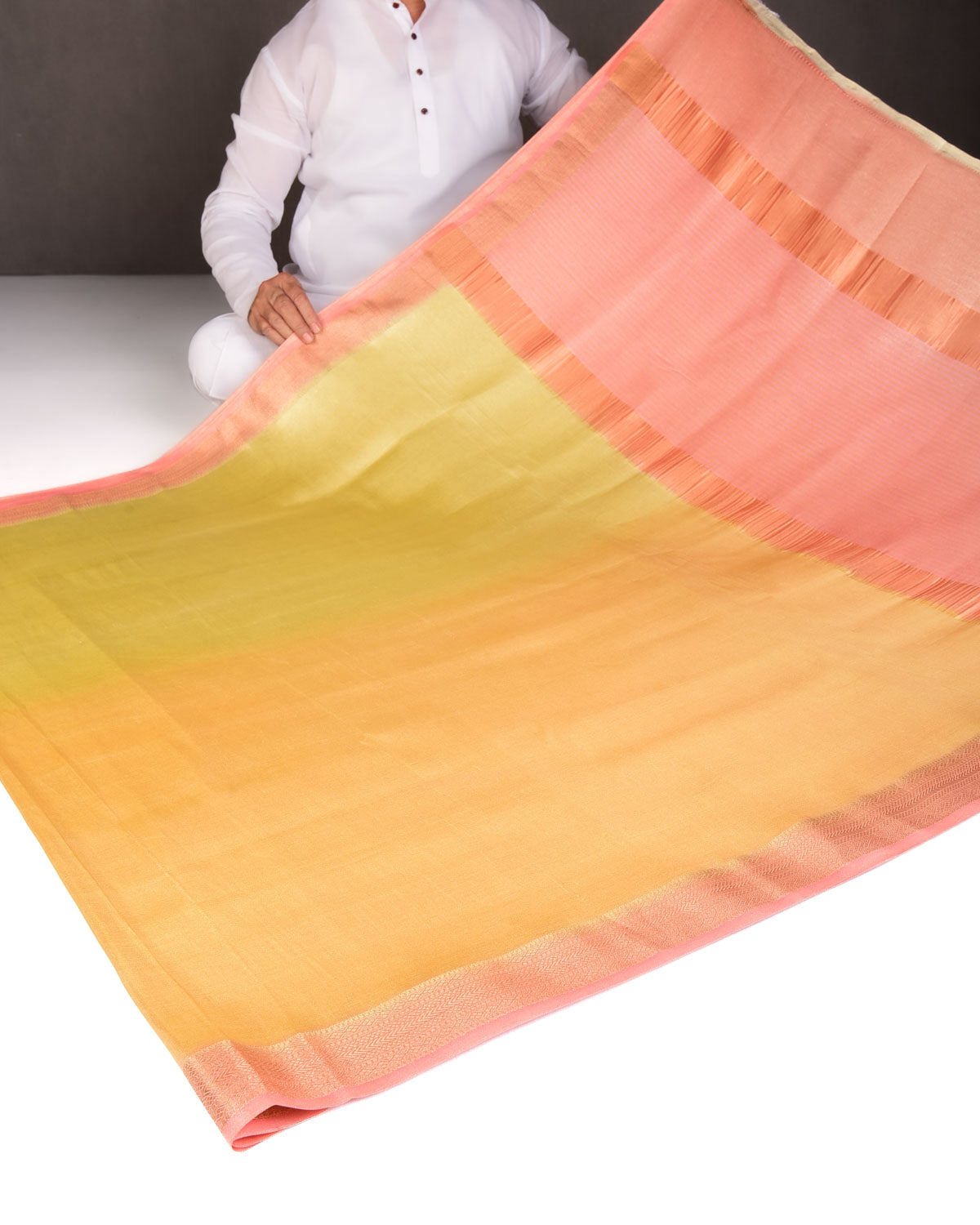 Ombre Metallic Yellow Brocade Woven Katan Tissue Banarasi Saree with Contrast Border Pallu-HolyWeaves