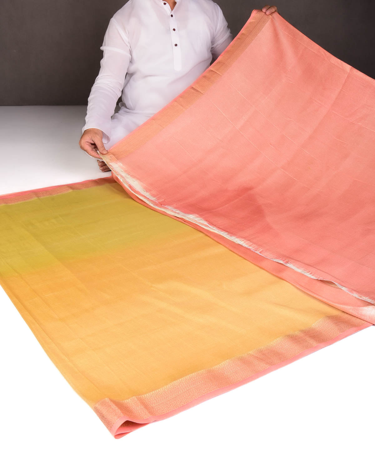 Ombre Metallic Yellow Brocade Woven Katan Tissue Banarasi Saree with Contrast Border Pallu-HolyWeaves