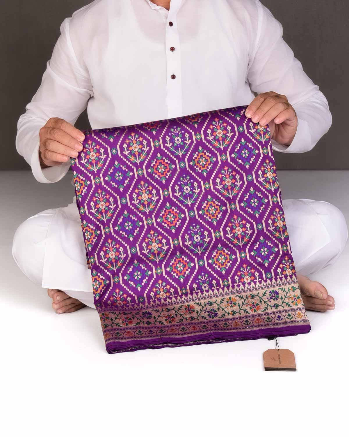 Purple Tehra Patola Cutwork Brocade Handwoven Katan Silk Banarasi Saree-HolyWeaves