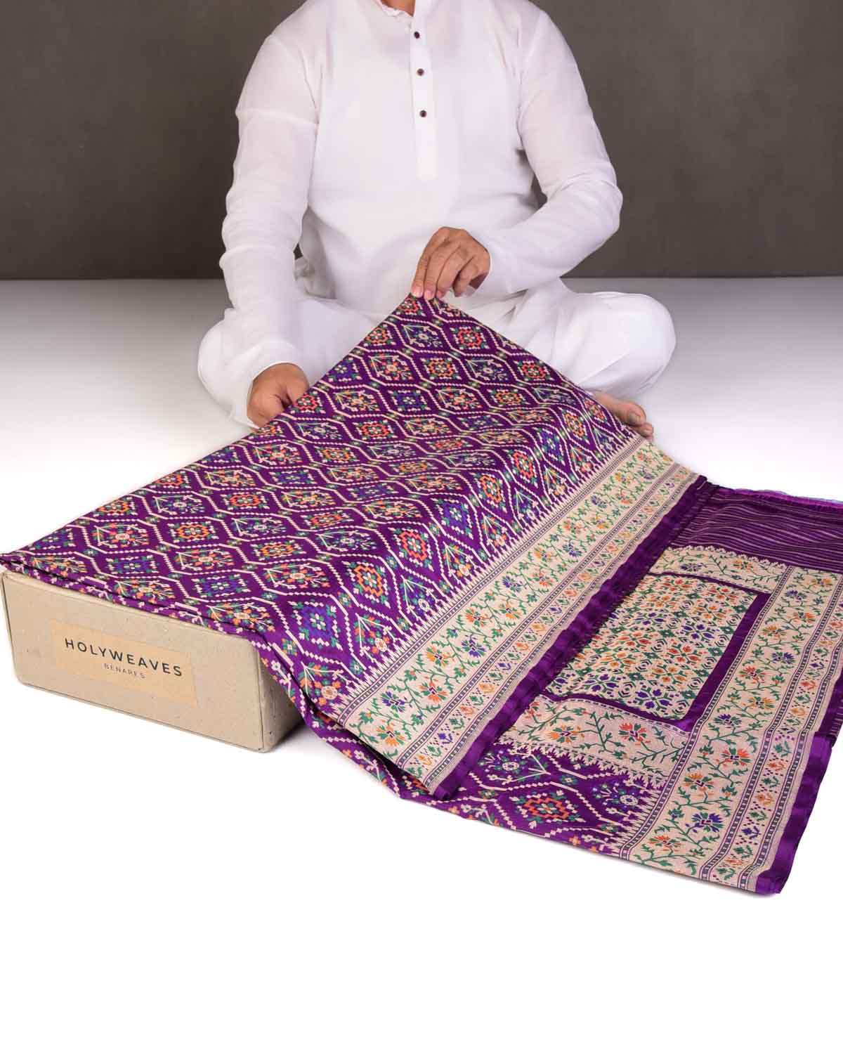 Purple Tehra Patola Cutwork Brocade Handwoven Katan Silk Banarasi Saree-HolyWeaves