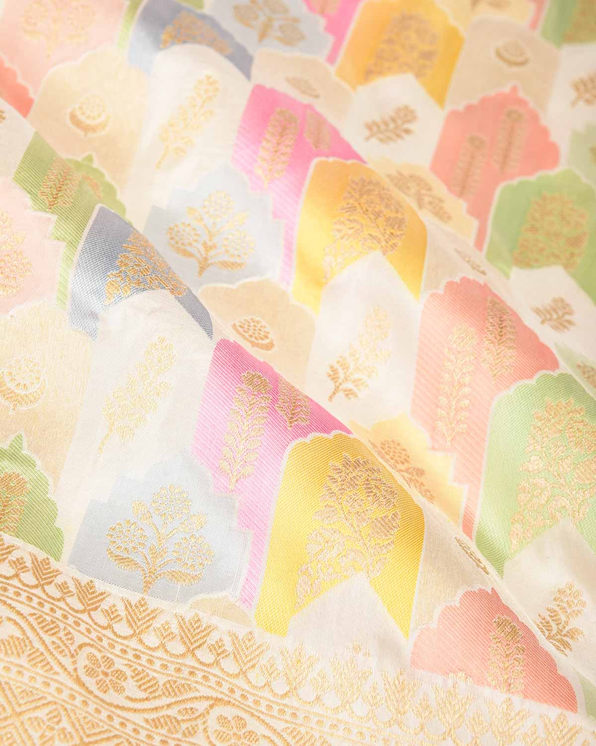 Cream Gold Zari and Multi-color Resham Mehrab Jaal Cutwork Brocade Handwoven Katan Silk Banarasi Saree-HolyWeaves