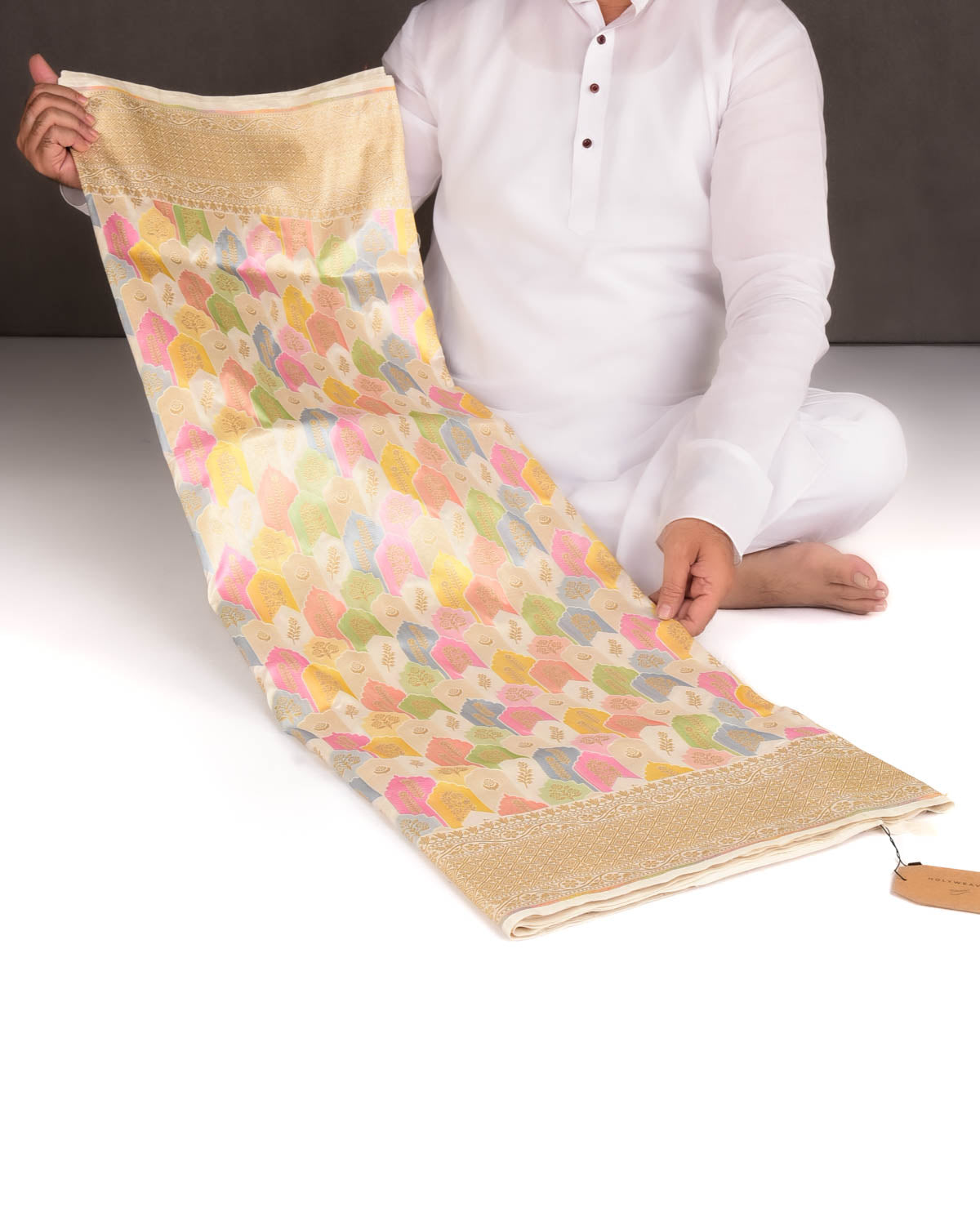 Cream Gold Zari and Multi-color Resham Mehrab Jaal Cutwork Brocade Handwoven Katan Silk Banarasi Saree-HolyWeaves