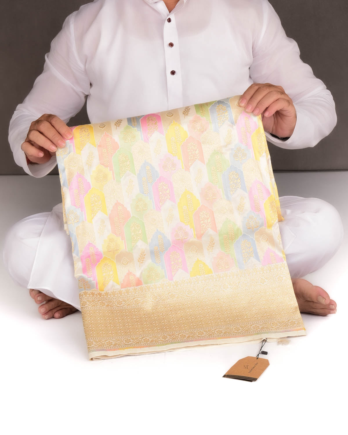 Cream Gold Zari and Multi-color Resham Mehrab Jaal Cutwork Brocade Handwoven Katan Silk Banarasi Saree-HolyWeaves