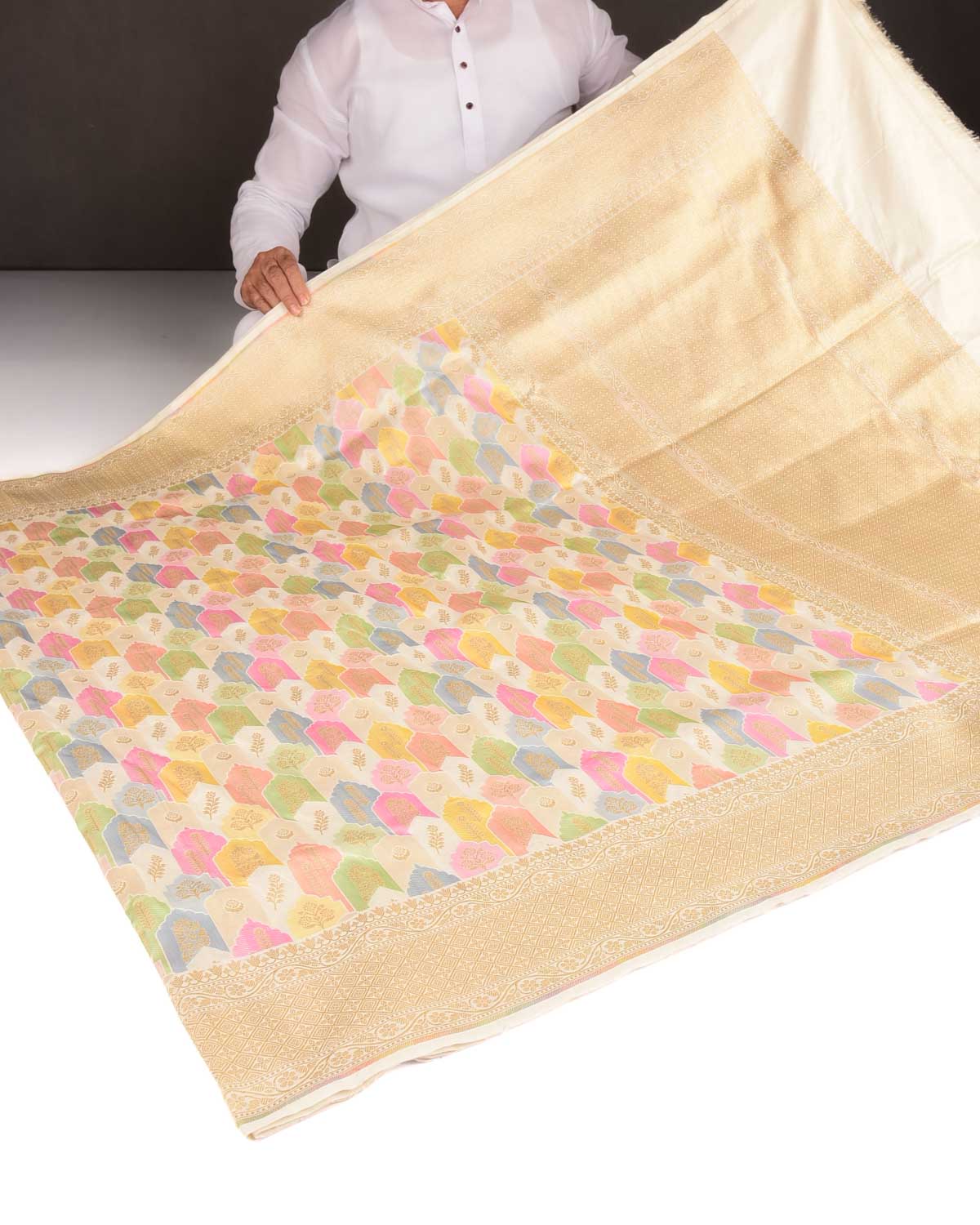 Cream Gold Zari and Multi-color Resham Mehrab Jaal Cutwork Brocade Handwoven Katan Silk Banarasi Saree-HolyWeaves