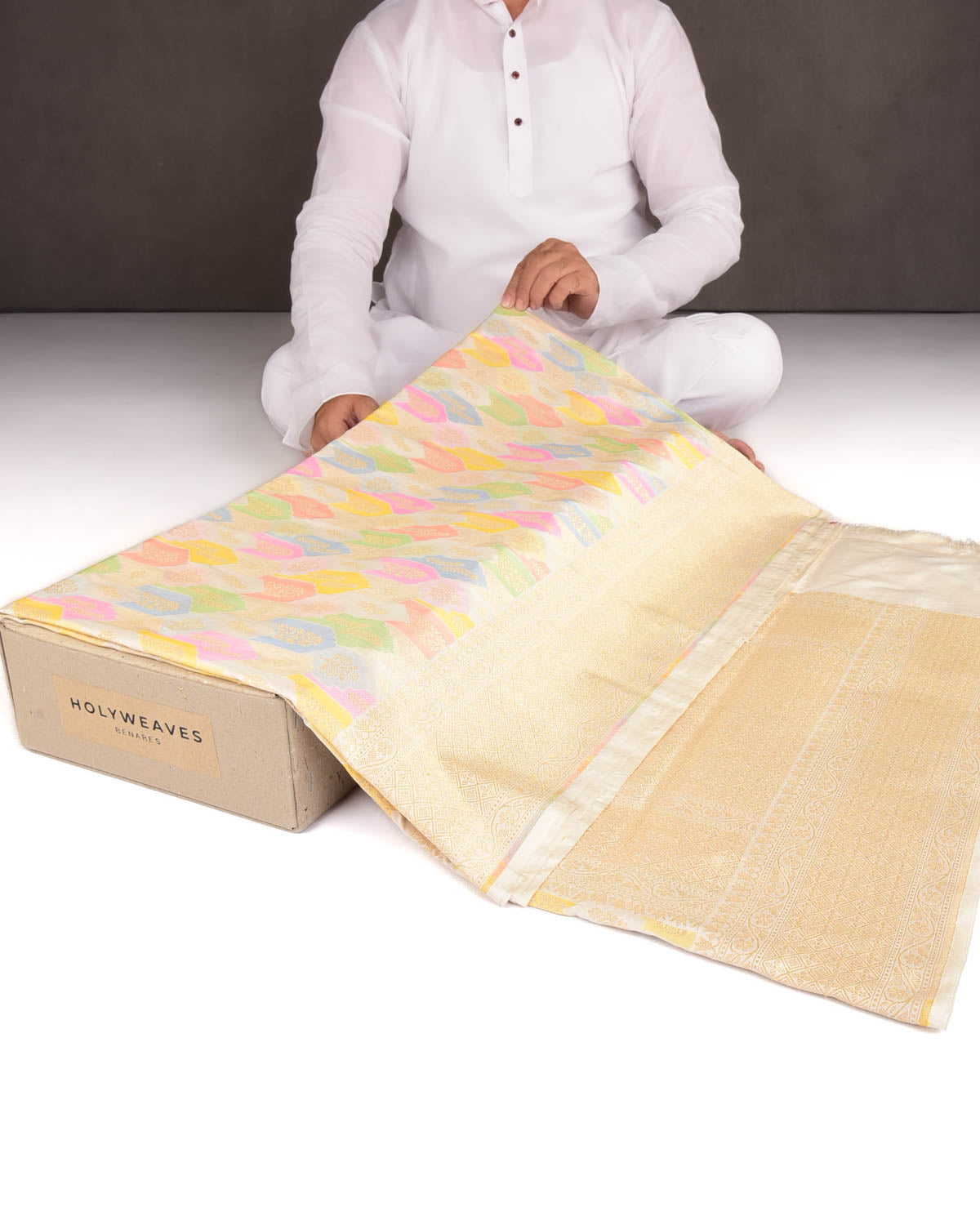 Cream Gold Zari and Multi-color Resham Mehrab Jaal Cutwork Brocade Handwoven Katan Silk Banarasi Saree-HolyWeaves