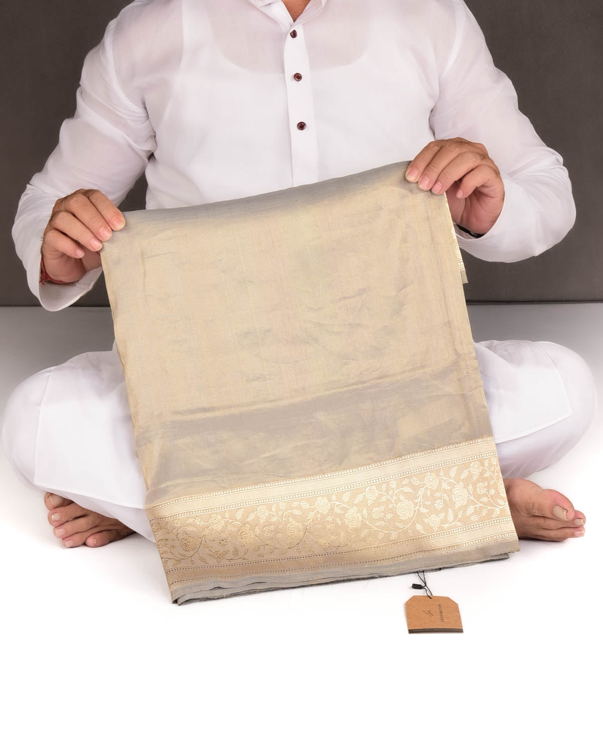 Metallic Gray Kadhuan Brocade Handwoven Katan Tissue Banarasi Saree-HolyWeaves