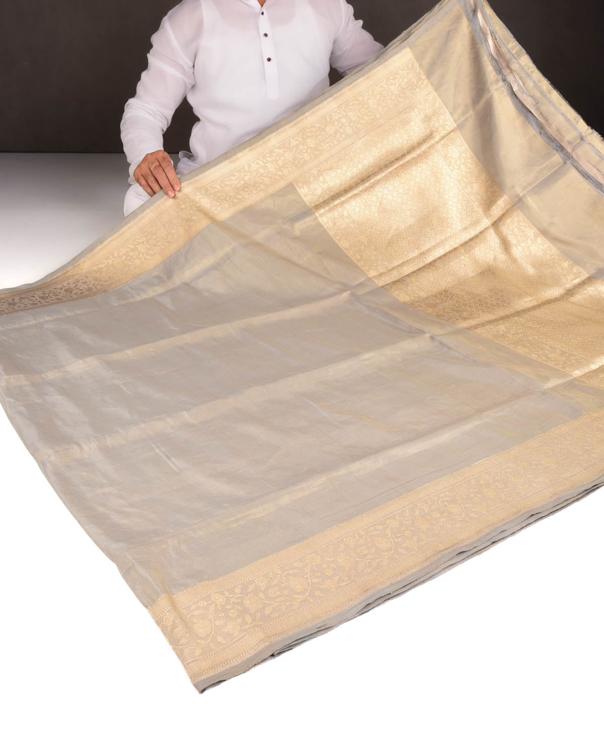 Metallic Gray Kadhuan Brocade Handwoven Katan Tissue Banarasi Saree-HolyWeaves