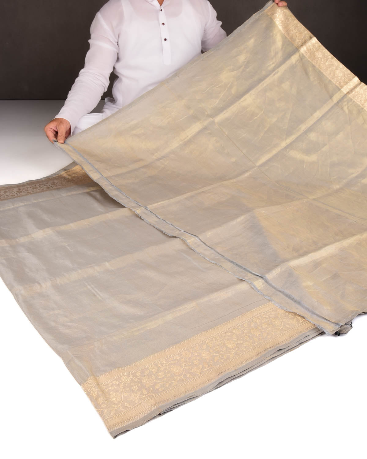 Metallic Gray Kadhuan Brocade Handwoven Katan Tissue Banarasi Saree-HolyWeaves