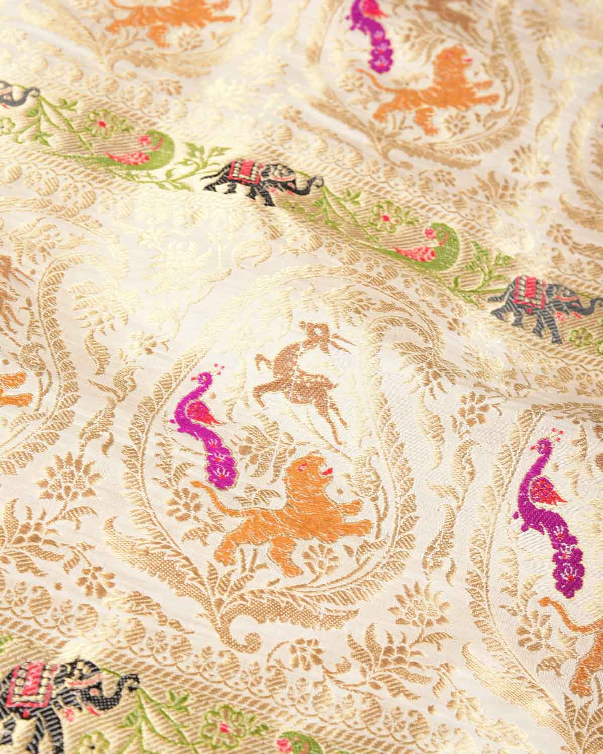 Ivory White Kadhuan Brocade Handwoven Katan Silk Banarasi Saree with Shikargah Boder Pallu-HolyWeaves