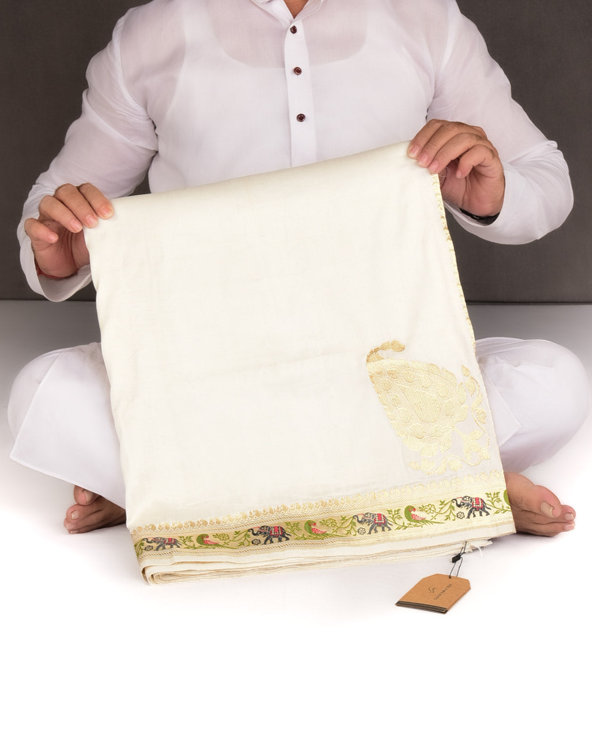 Ivory White Kadhuan Brocade Handwoven Katan Silk Banarasi Saree with Shikargah Boder Pallu-HolyWeaves