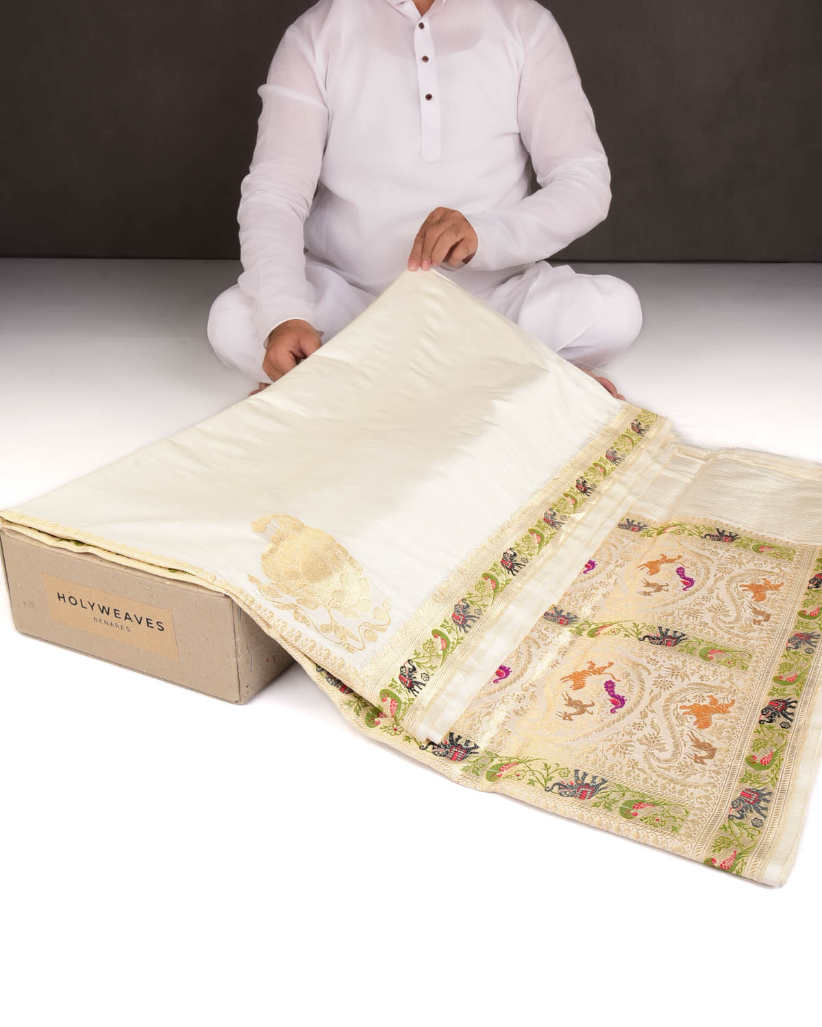 Ivory White Kadhuan Brocade Handwoven Katan Silk Banarasi Saree with Shikargah Boder Pallu-HolyWeaves