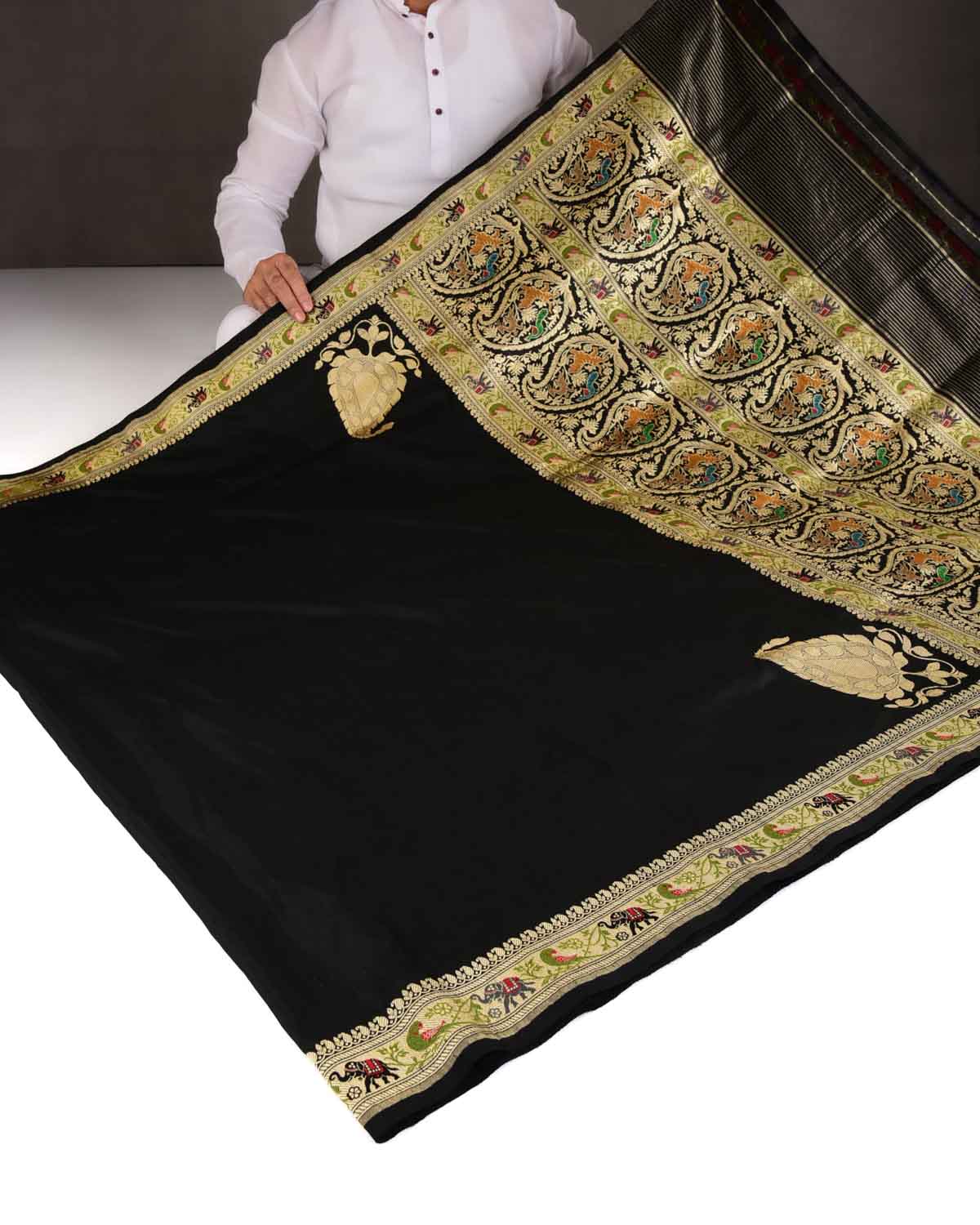 Black Kadhuan Brocade Handwoven Katan Silk Banarasi Saree with Shikargah Border Pallu-HolyWeaves