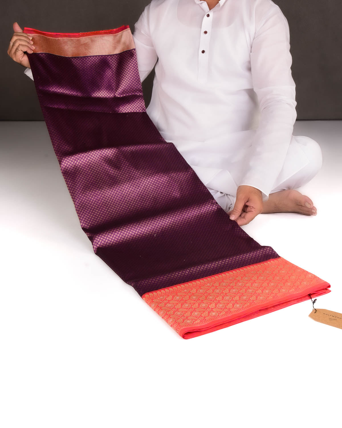 Purple Gold Zari Brocade Handwoven Katan Silk Banarasi Saree with Contrast Border Pallu-HolyWeaves