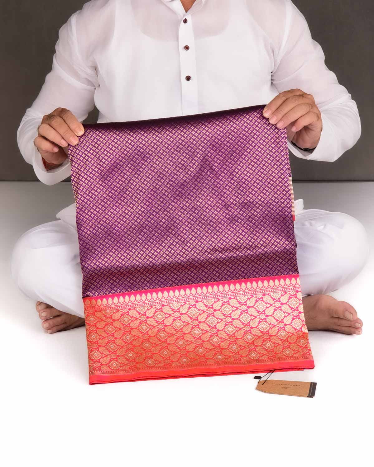 Purple Gold Zari Brocade Handwoven Katan Silk Banarasi Saree with Contrast Border Pallu-HolyWeaves