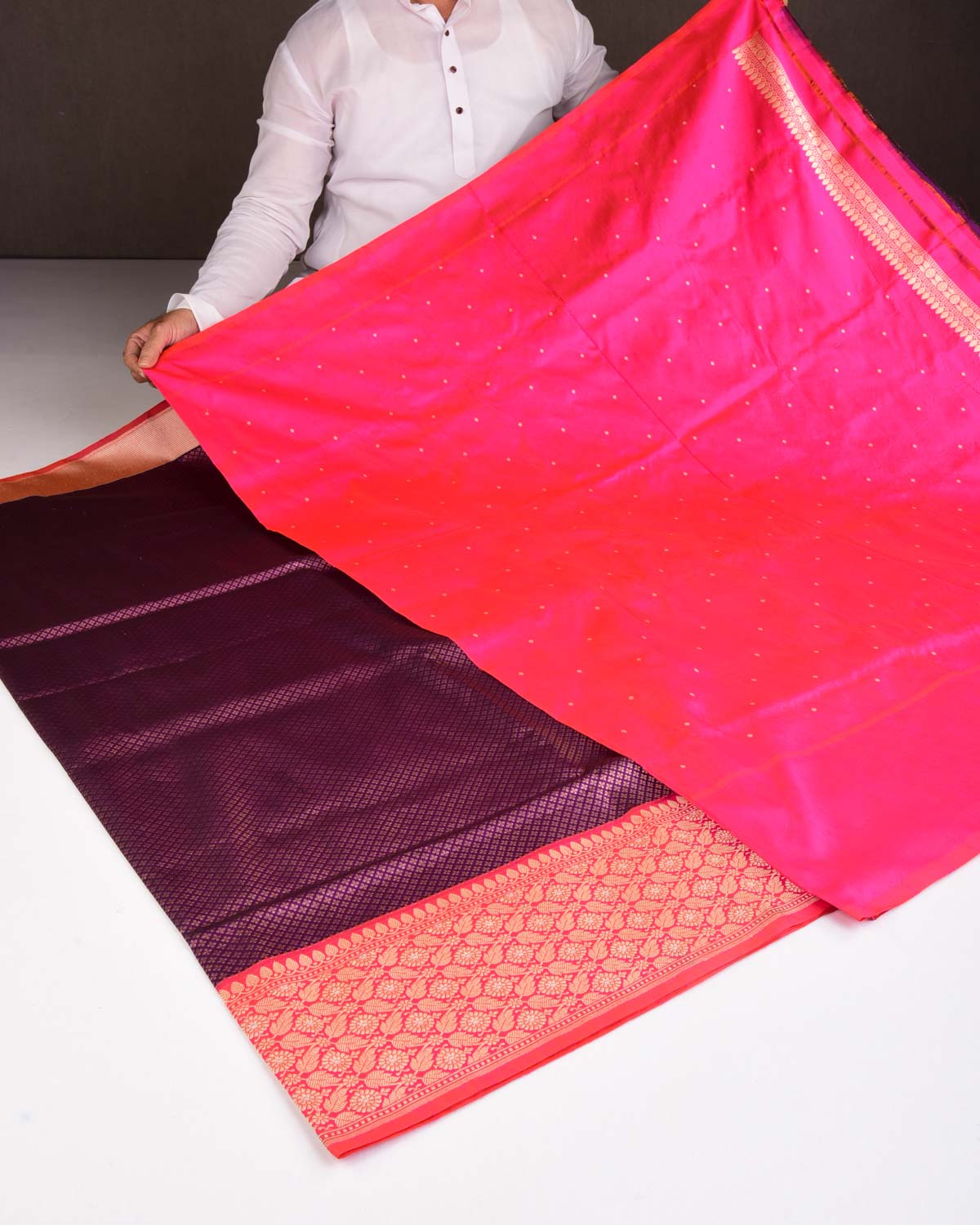 Purple Gold Zari Brocade Handwoven Katan Silk Banarasi Saree with Contrast Border Pallu-HolyWeaves