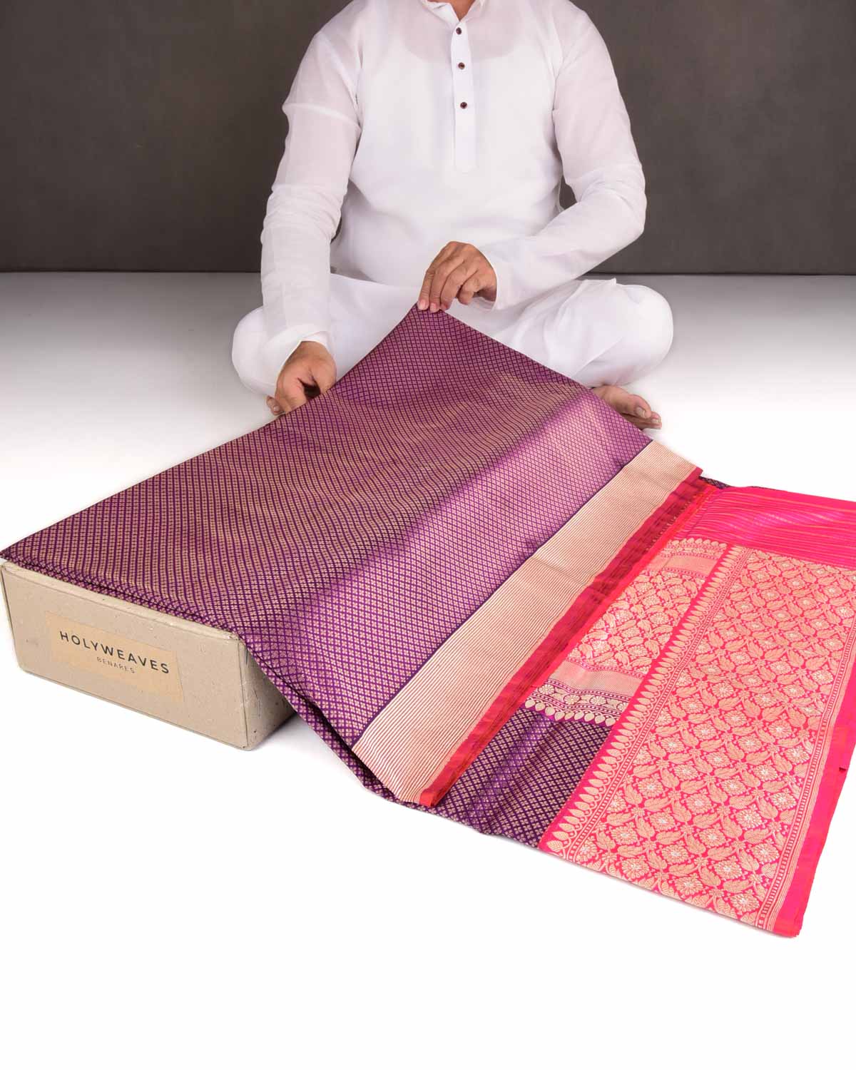 Purple Gold Zari Brocade Handwoven Katan Silk Banarasi Saree with Contrast Border Pallu-HolyWeaves