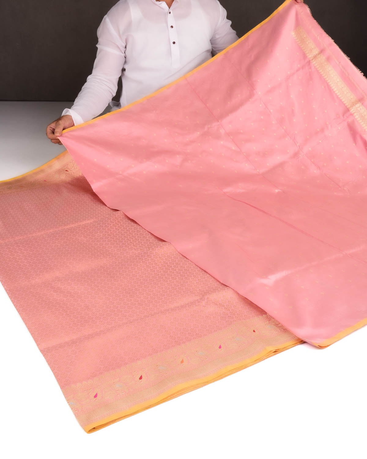 Peach Gold Zari Brocade Handwoven Katan Silk Banarasi Saree with Contrast Border Pallu-HolyWeaves