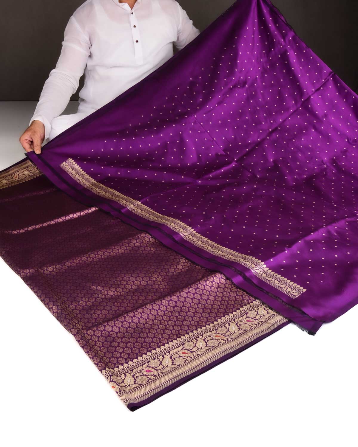 Purple Gold Zari Kadhuan Brocade Handwoven Katan Silk Banarasi Saree-HolyWeaves