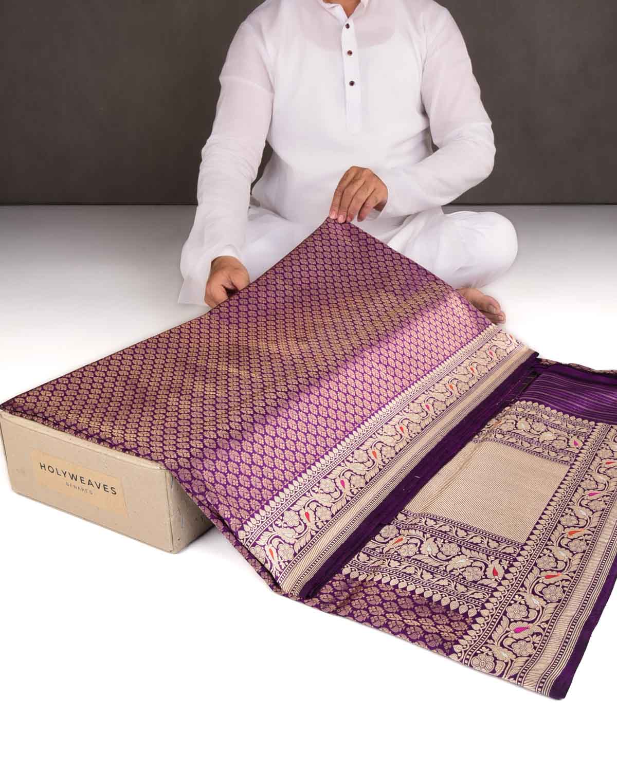 Purple Gold Zari Kadhuan Brocade Handwoven Katan Silk Banarasi Saree-HolyWeaves