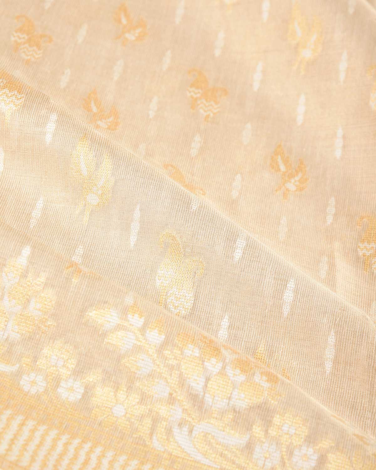 Metallic Cream Gold Zari And White Resham Cutwork Brocade Woven Cotton Silk Banarasi Saree-HolyWeaves