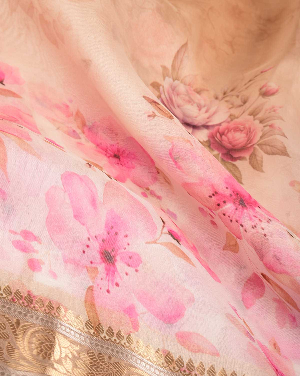 Beige Floral Printed Kora Silk Saree with Brocade Border Pallu-HolyWeaves