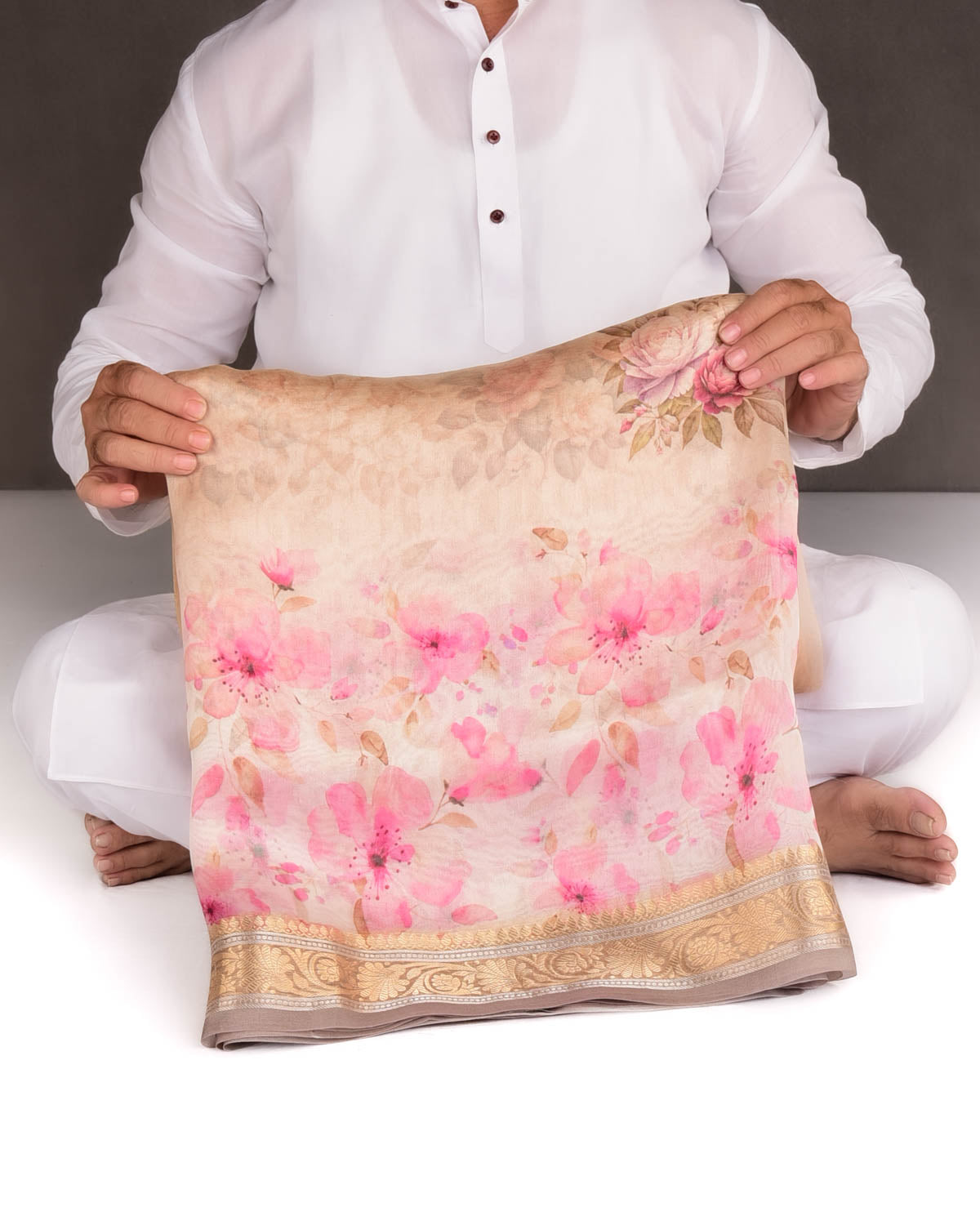 Beige Floral Printed Kora Silk Saree with Brocade Border Pallu-HolyWeaves