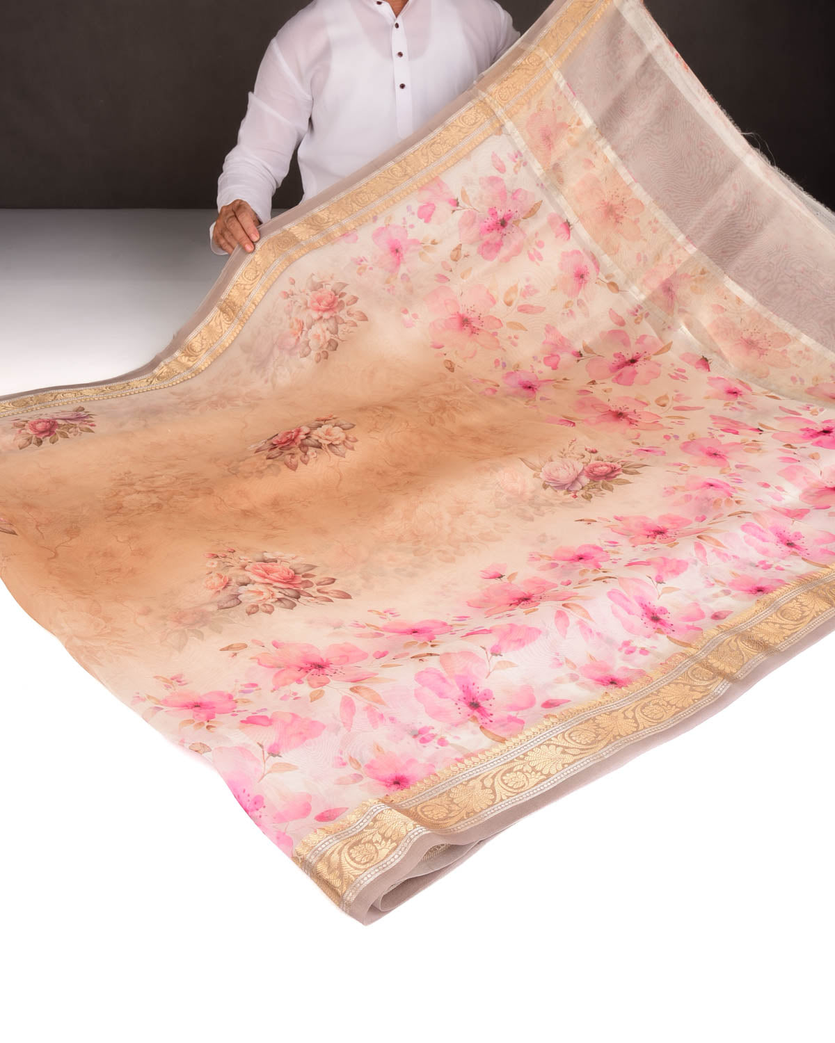 Beige Floral Printed Kora Silk Saree with Brocade Border Pallu-HolyWeaves