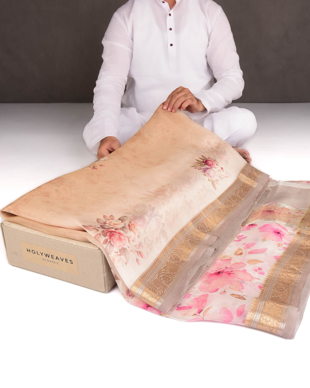 Beige Floral Printed Kora Silk Saree with Brocade Border Pallu-HolyWeaves