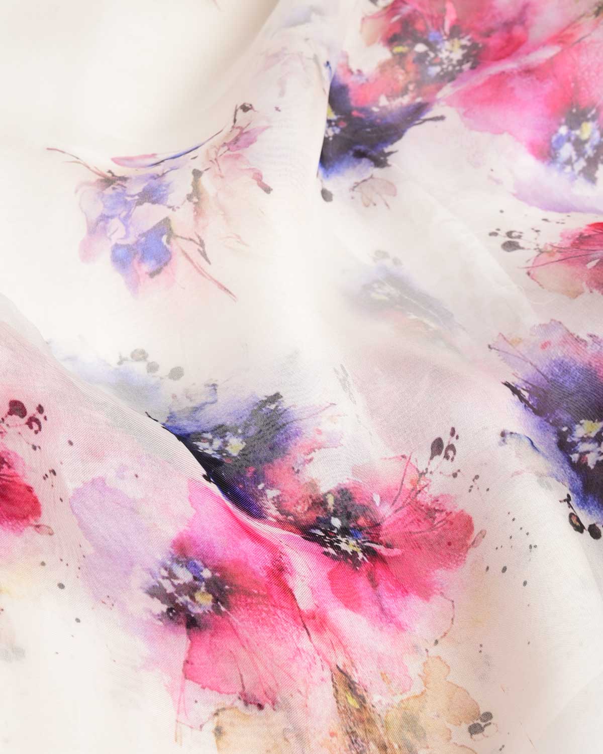 White Abstract Floral Printed Kora Silk Saree-HolyWeaves