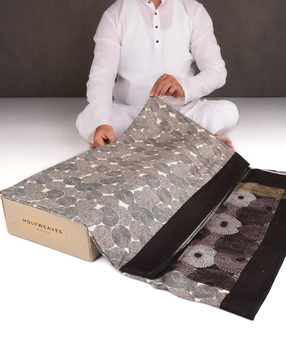 Brown & Cream Abstract Floral Printed Cotton Silk Saree-HolyWeaves