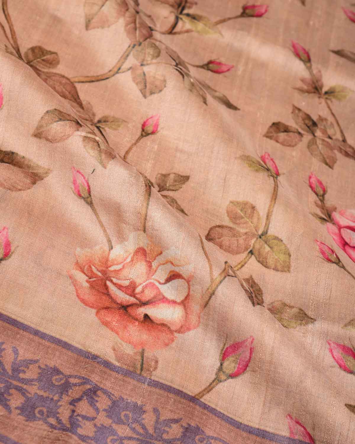 Brown Floral Printed Tasar Silk Saree-HolyWeaves
