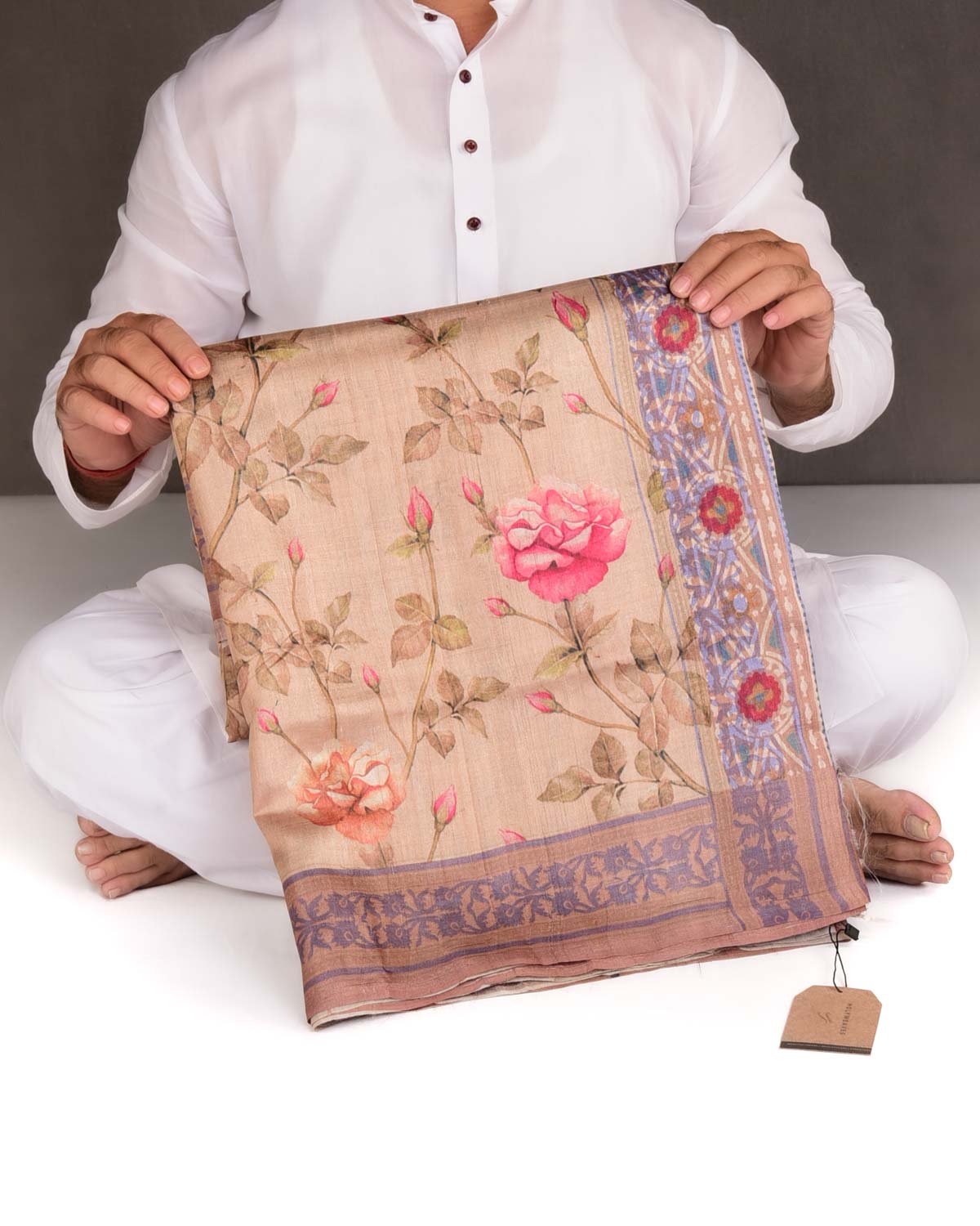 Brown Floral Printed Tasar Silk Saree-HolyWeaves