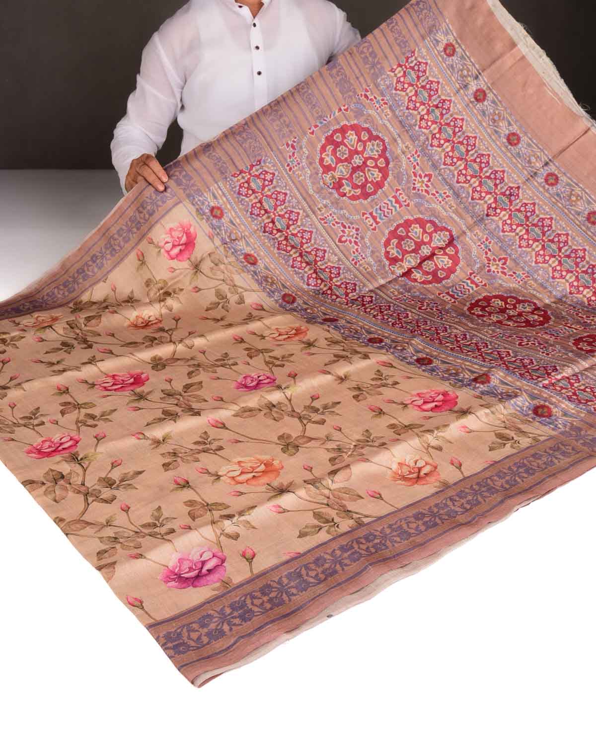 Brown Floral Printed Tasar Silk Saree-HolyWeaves