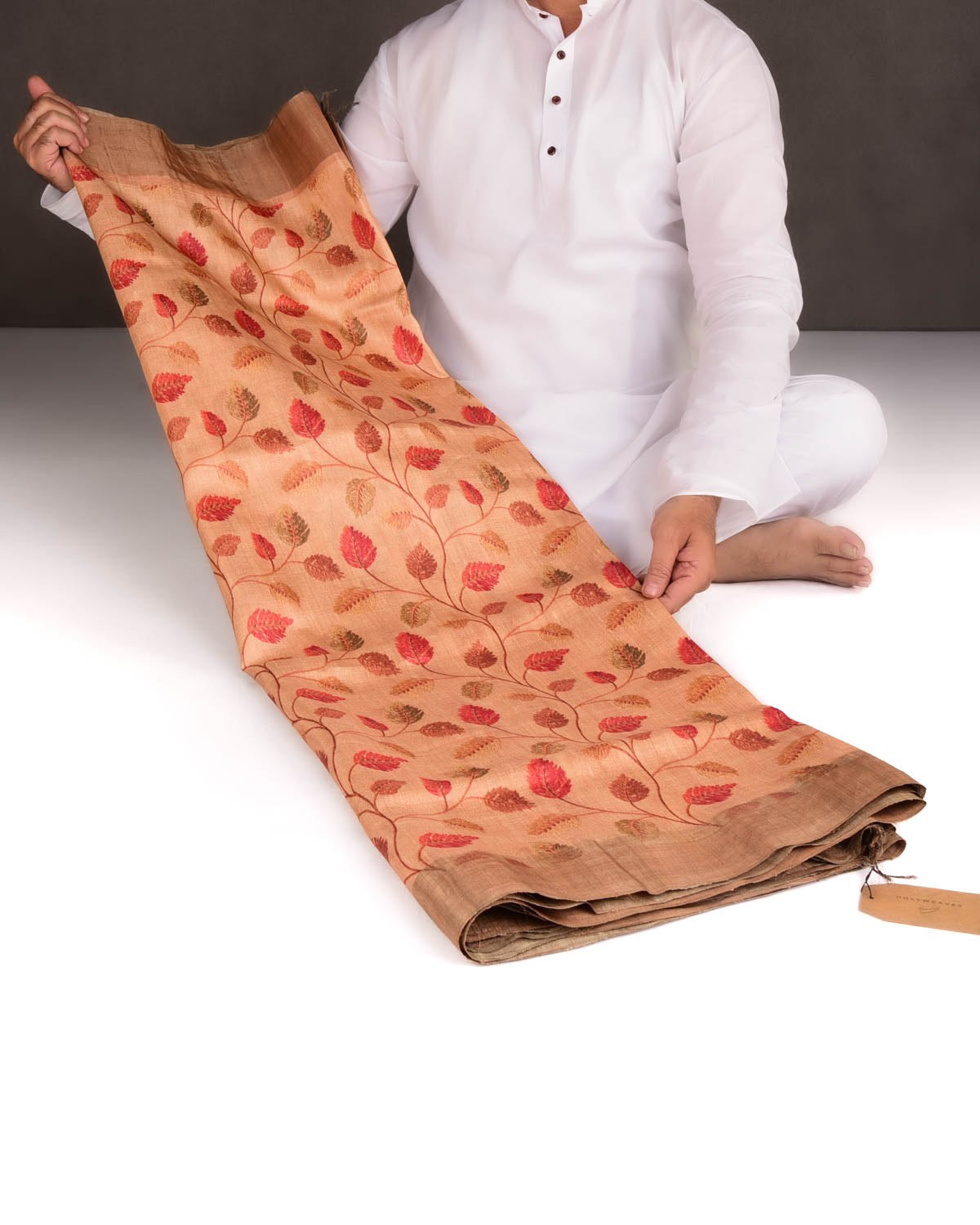 Blush Beige Floral Printed Tasar Silk Saree with Tissue Border-HolyWeaves
