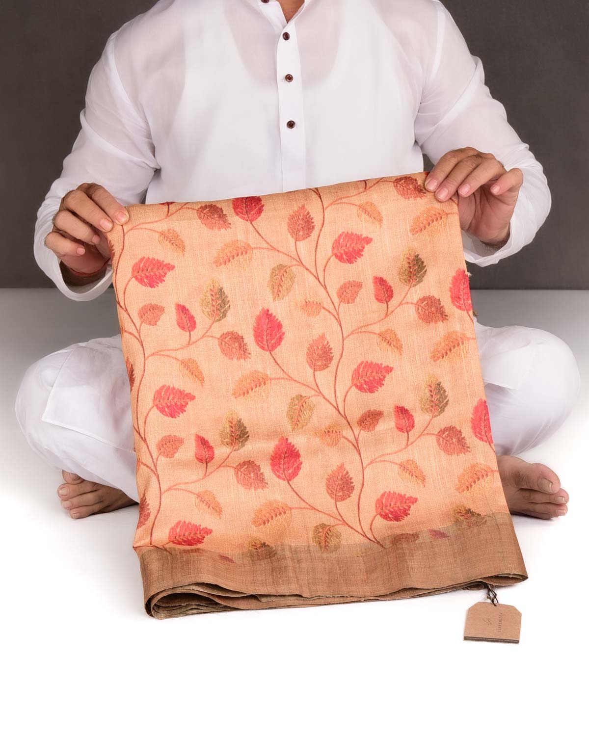 Blush Beige Floral Printed Tasar Silk Saree with Tissue Border-HolyWeaves