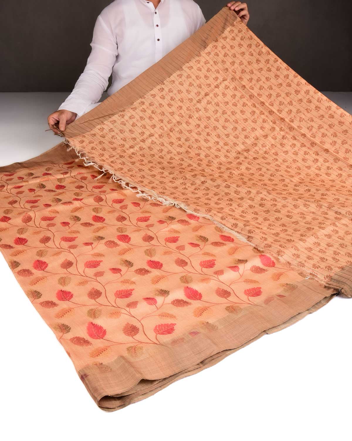 Blush Beige Floral Printed Tasar Silk Saree with Tissue Border-HolyWeaves