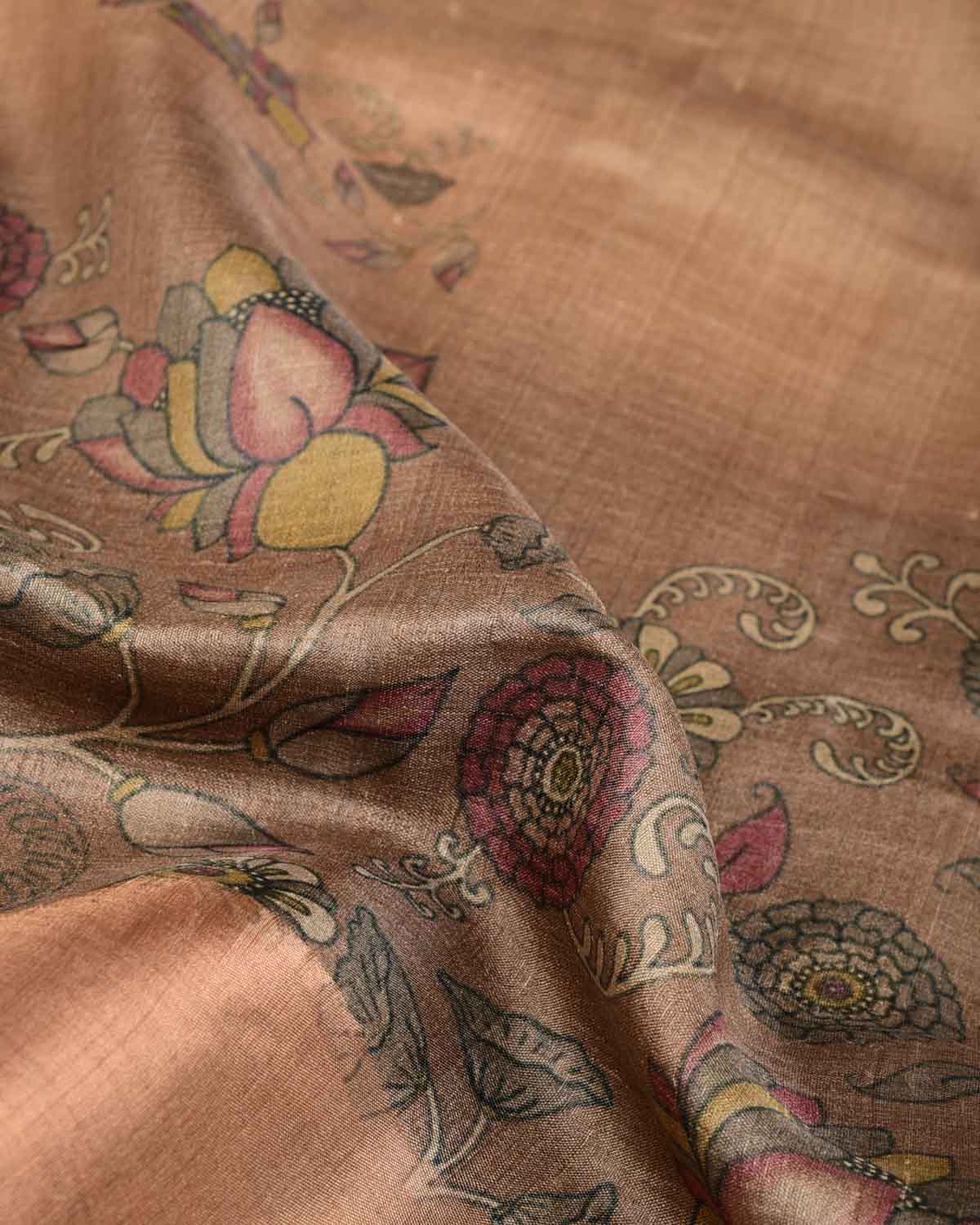 Brown Floral Printed Tasar Silk Saree with Tissue Border-HolyWeaves