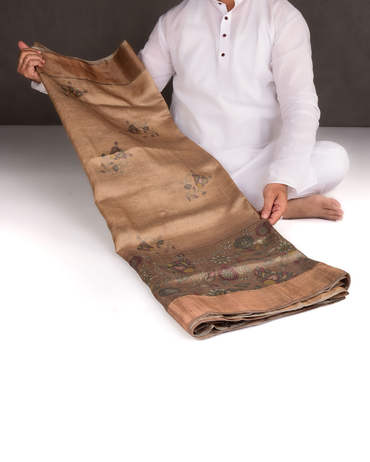Brown Floral Printed Tasar Silk Saree with Tissue Border-HolyWeaves