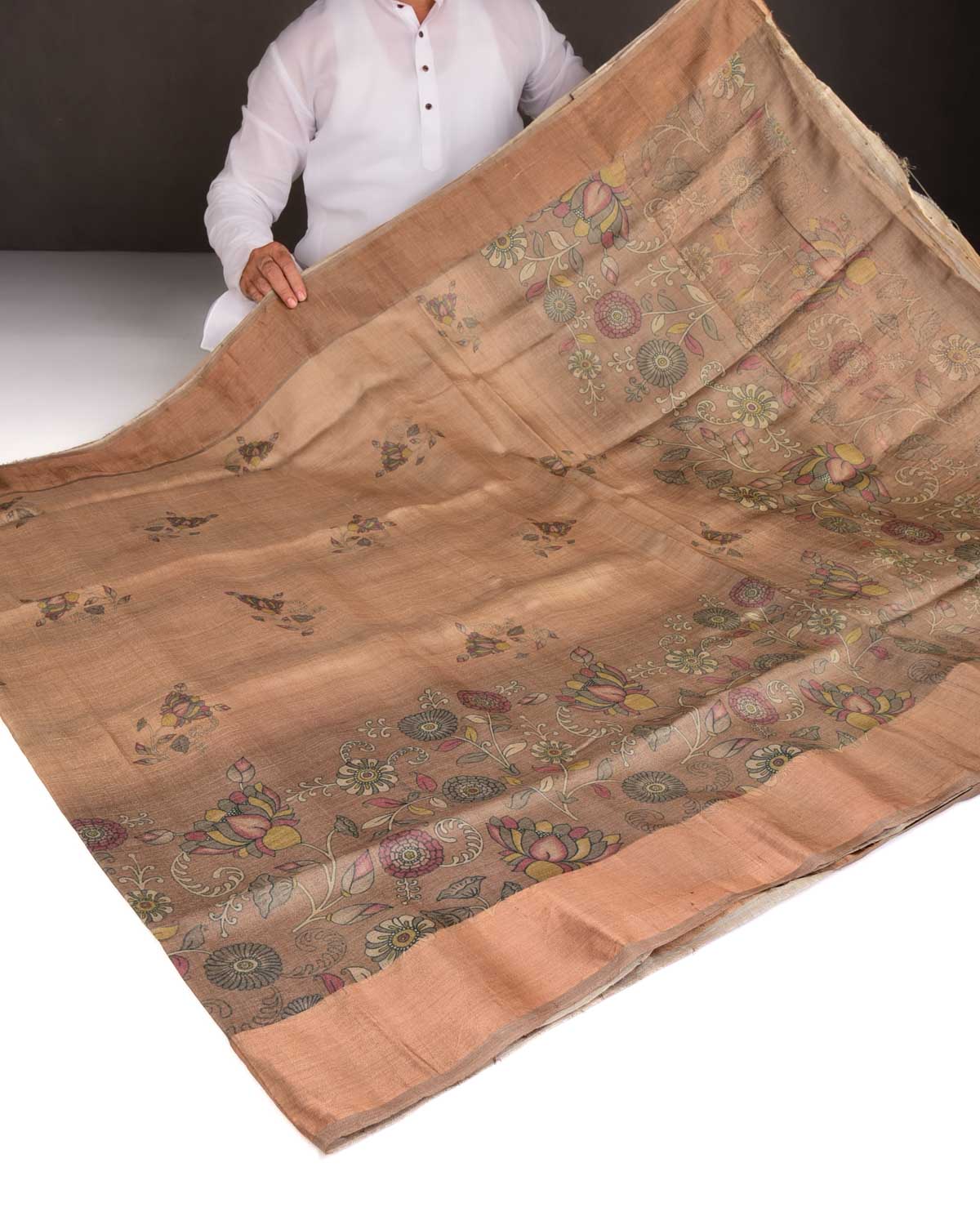 Brown Floral Printed Tasar Silk Saree with Tissue Border-HolyWeaves