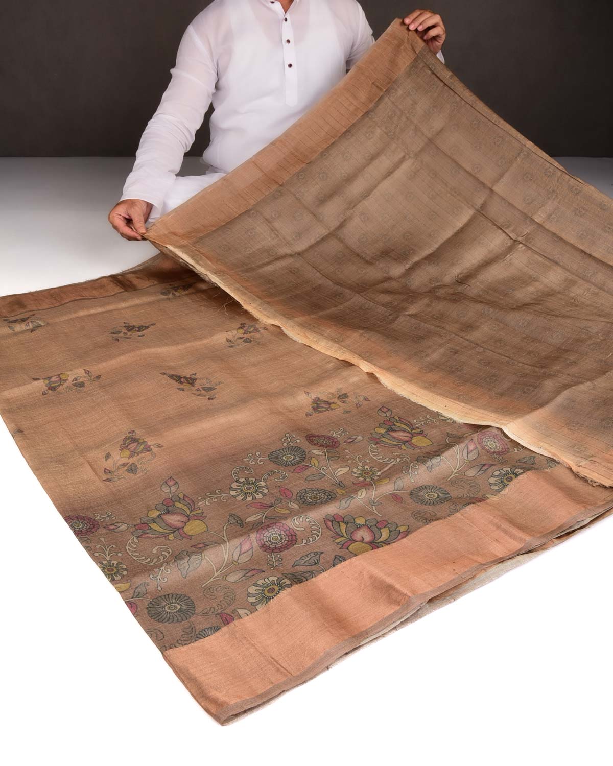 Brown Floral Printed Tasar Silk Saree with Tissue Border-HolyWeaves